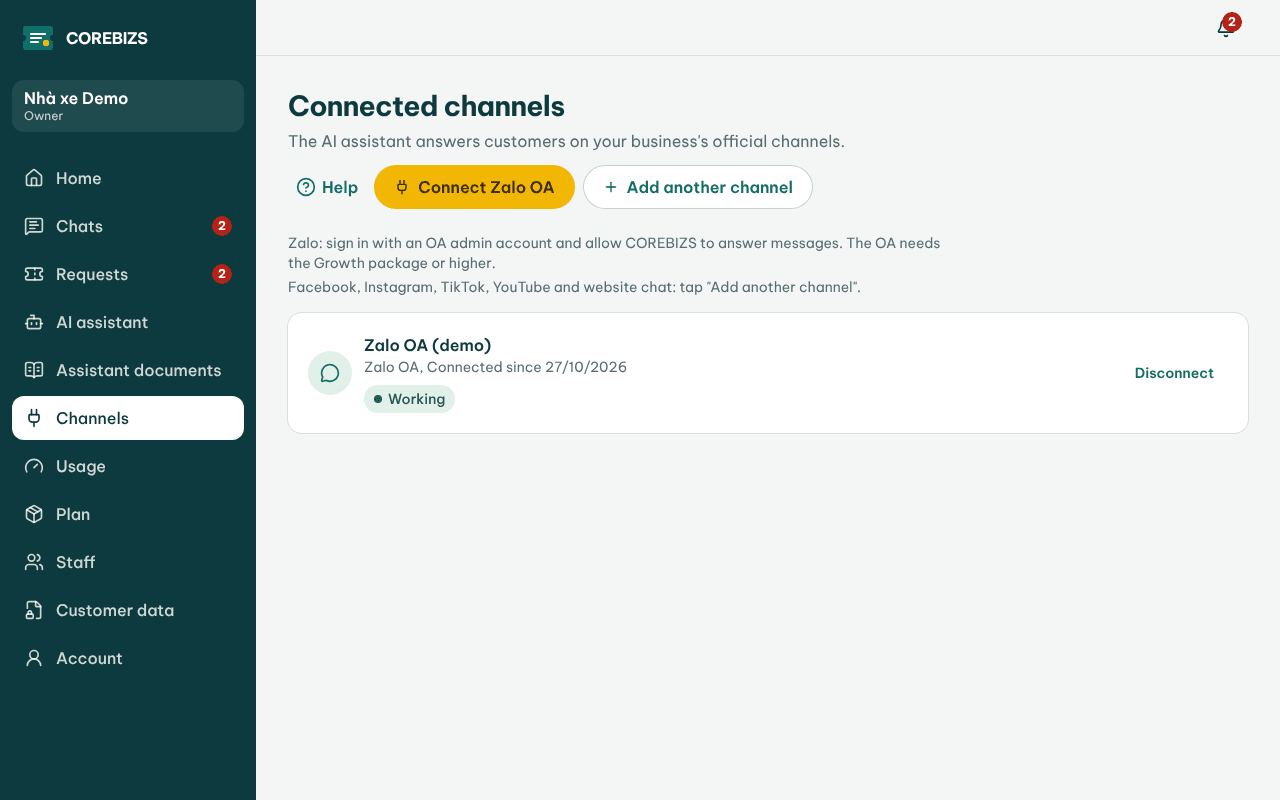 The Channels screen with the list of connected channels