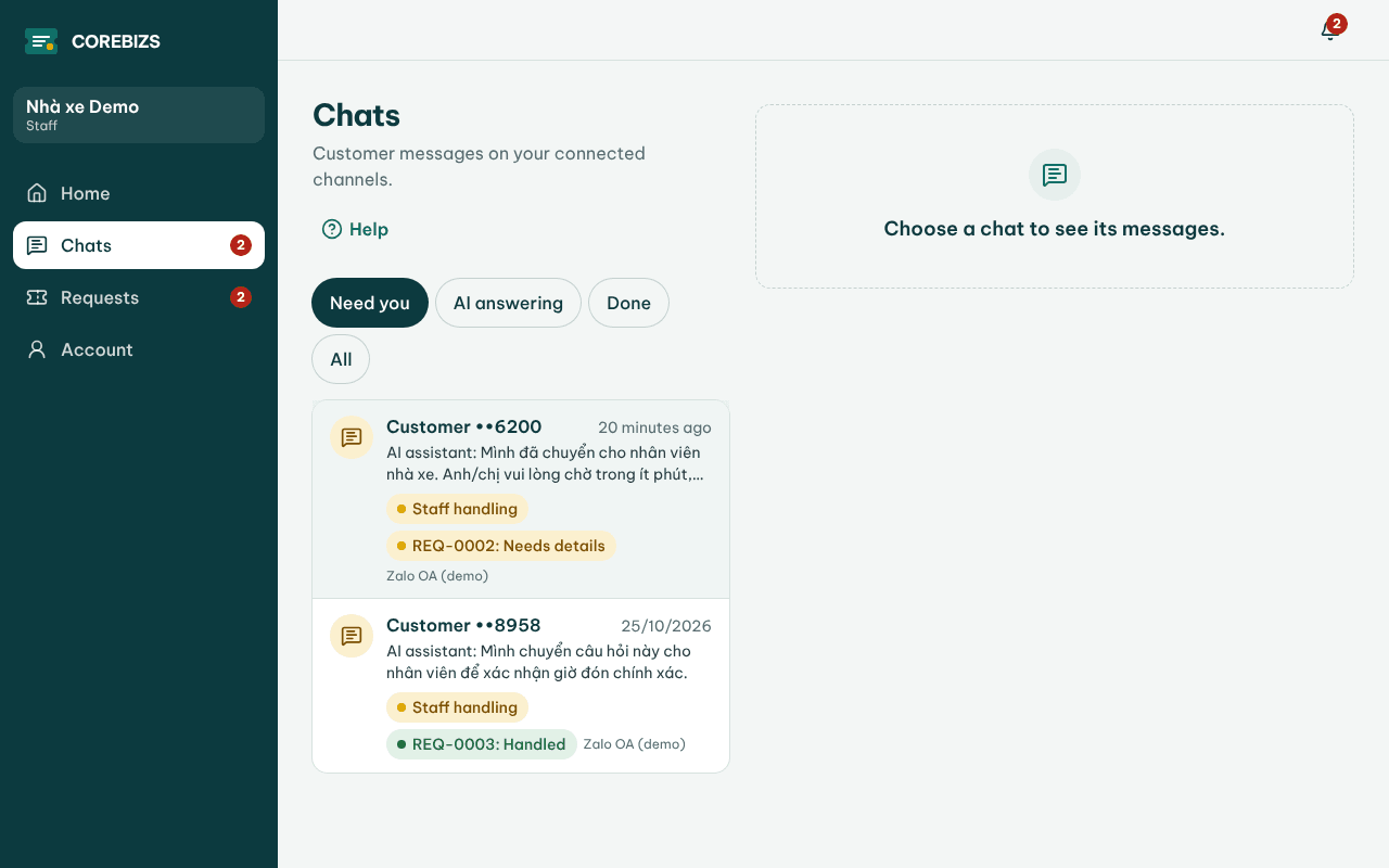 Chat list with the tabs Need you, AI answering, Done and All