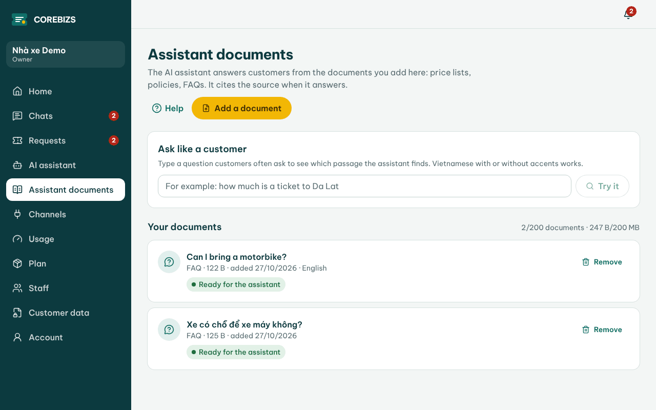 The Assistant documents screen with the question test and the document list