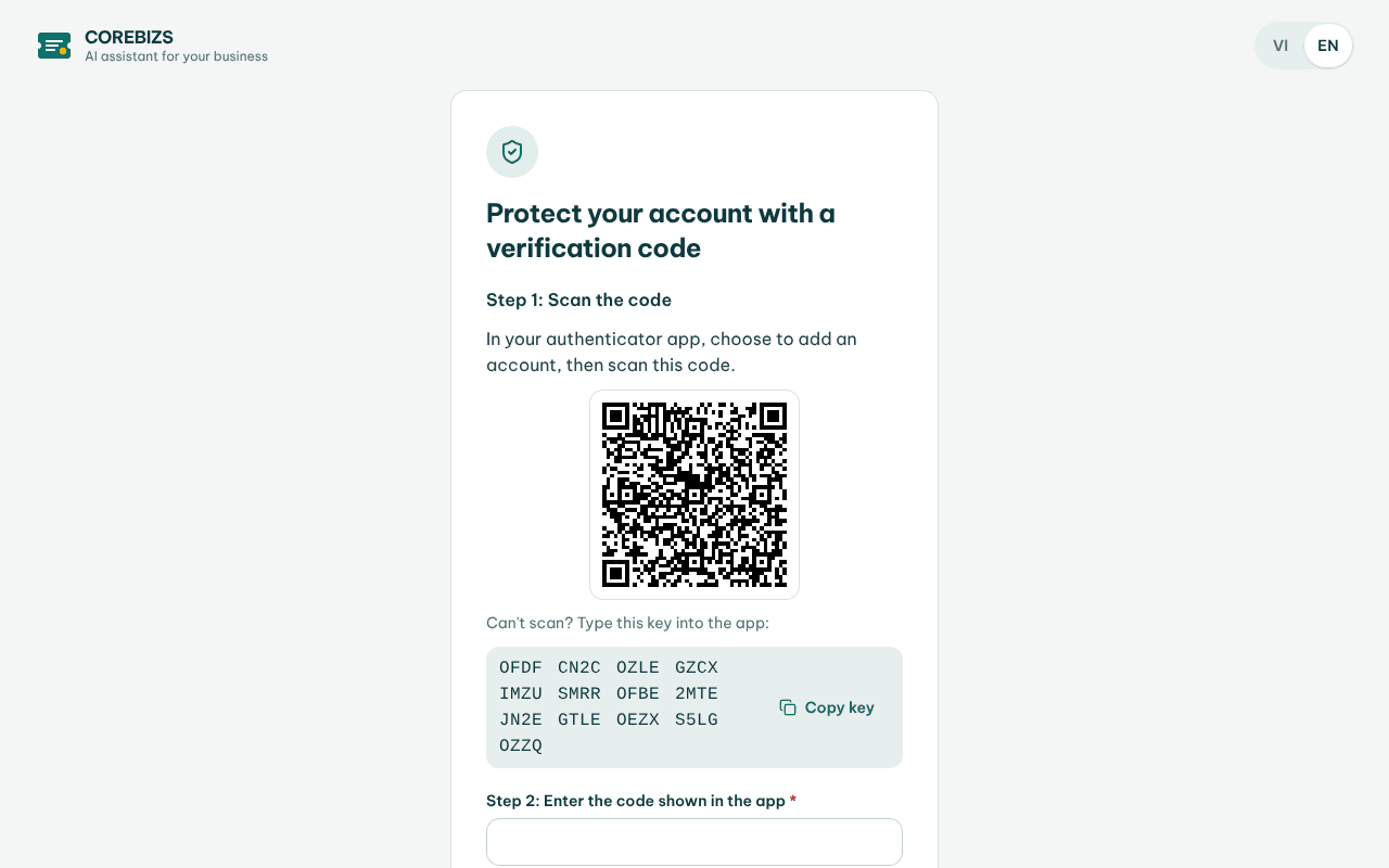 The two-step verification set-up screen